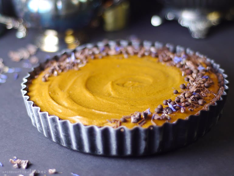no bake pumpkin peanut butter pie with chocolate vegan, gluten-free