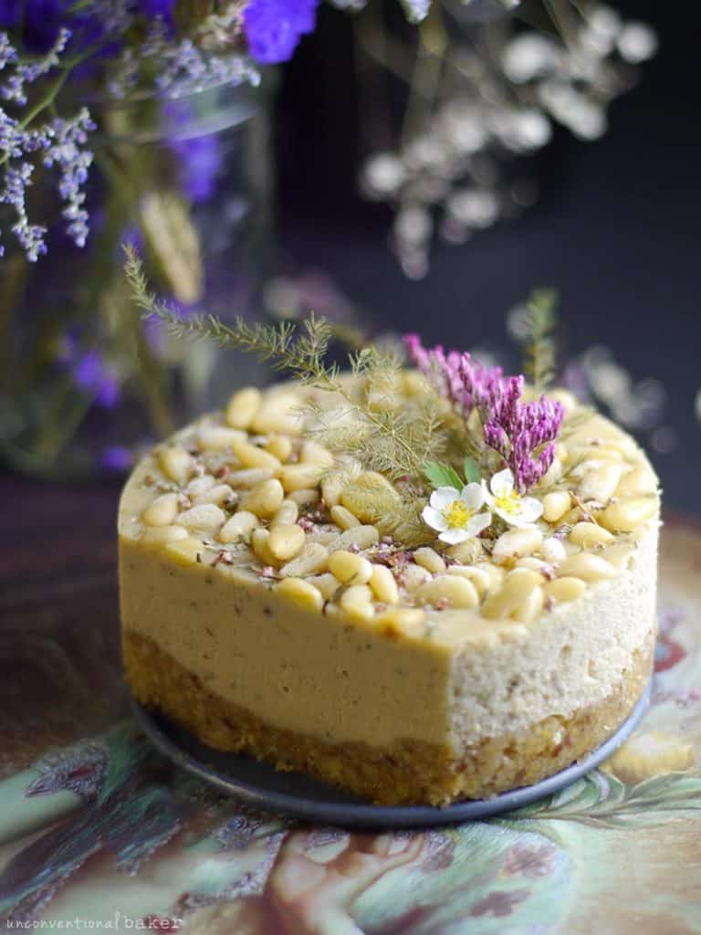Tarragon Lime Pine Nut Cheesecake (Raw & Free From: gluten & grains, dairy, refined sugar, and cashews)