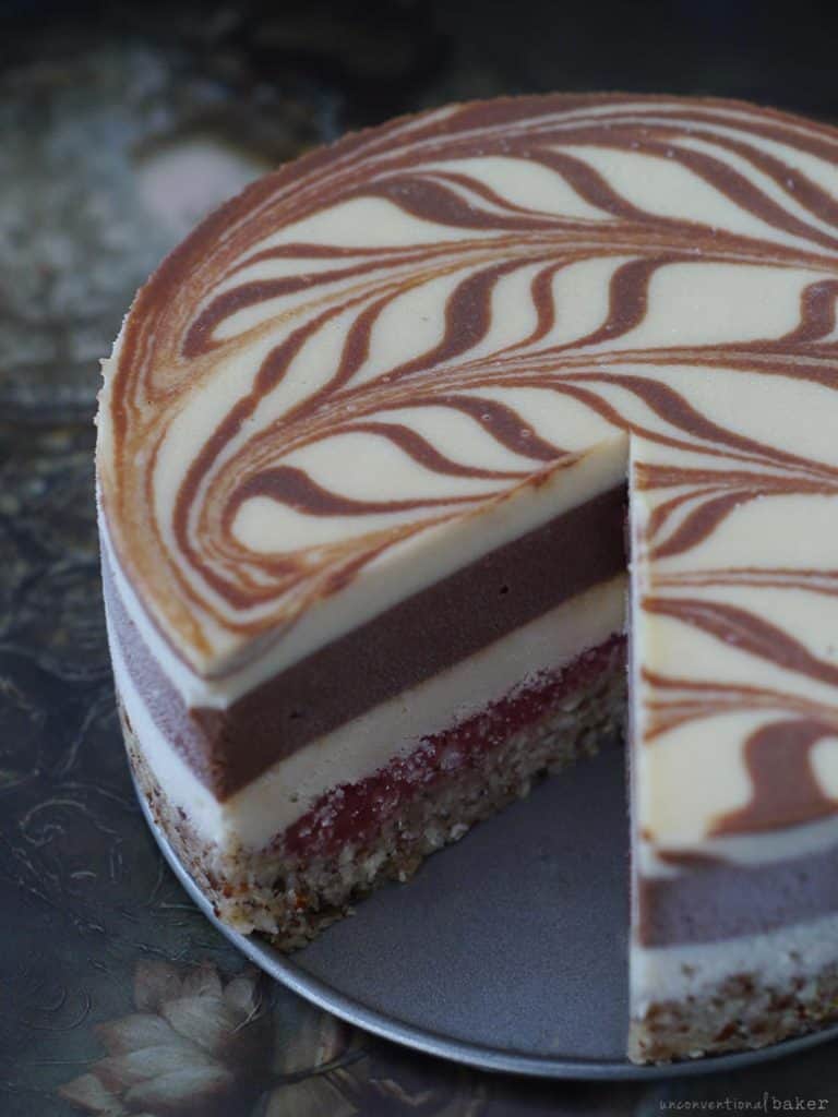 a raw vegan chocolate layer cake with strawberry jam -- grainfree, gluten-free, dairy-free, refined sugar-free