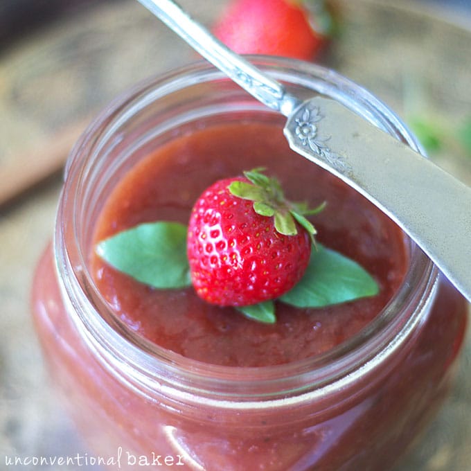 Strawberry Rhubarb and Basil Jam {Refined Sugar-Free}